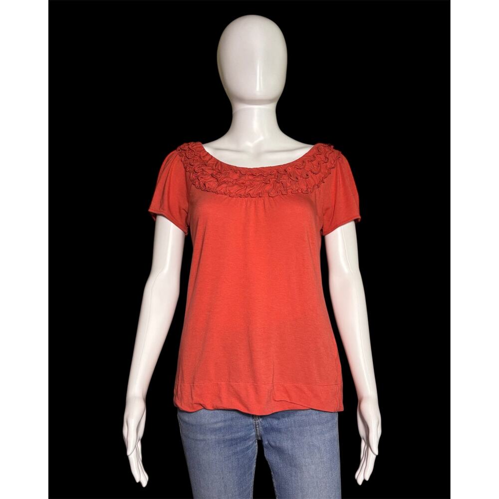 Elle Coral Ruffle Neck Short Sleeve Blouse Women’s Size XS